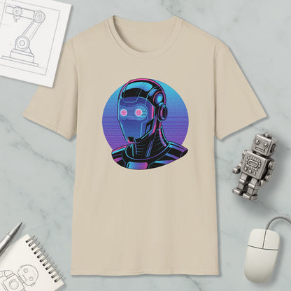 a beige t-shirt with a graphic design of a robot or cyborg head, surrounded by various objects such as a computer mouse, a notebook, and a pen.