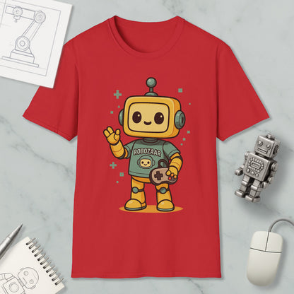 a red t-shirt with a cartoon robot character, a computer mouse, a notebook, and a pen on a marble surface.