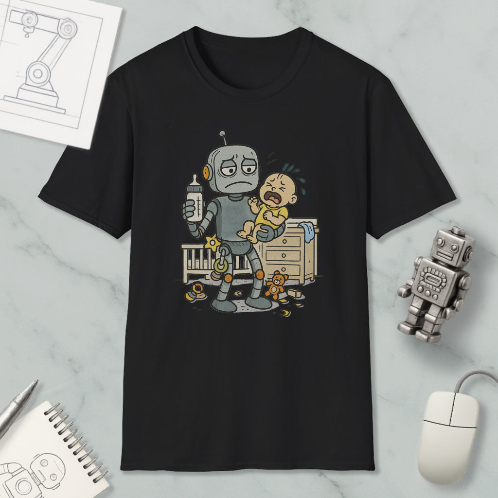 a black t-shirt with a cartoon illustration of a robot holding a baby and a toy robot on a marble surface.