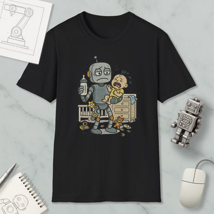 a black t-shirt with a cartoon illustration of a robot holding a baby and a toy robot on a marble surface.
