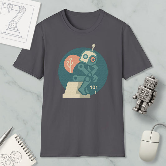 a gray t-shirt with a graphic design of a robot, a computer mouse, and a notebook, all placed on a marble surface.