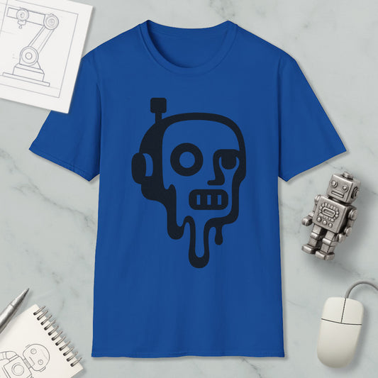a blue t-shirt with a graphic design of a robot or robot-like figure, along with a computer mouse and a notebook.