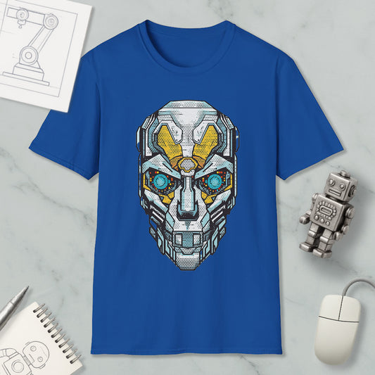 a blue t-shirt with a graphic design of a robot or cyborg face, along with various objects such as a computer mouse, a notebook, and a pen.