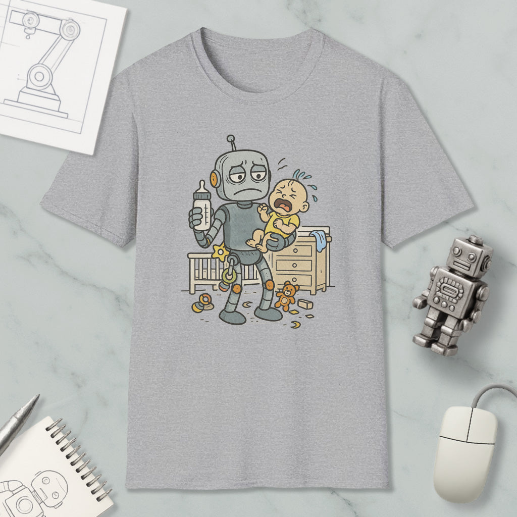 a gray t-shirt with a cartoon illustration of a robot holding a baby and crying. The t-shirt is displayed on a marble surface, along with various objects such as a computer mouse, a notebook, and a toy robot.