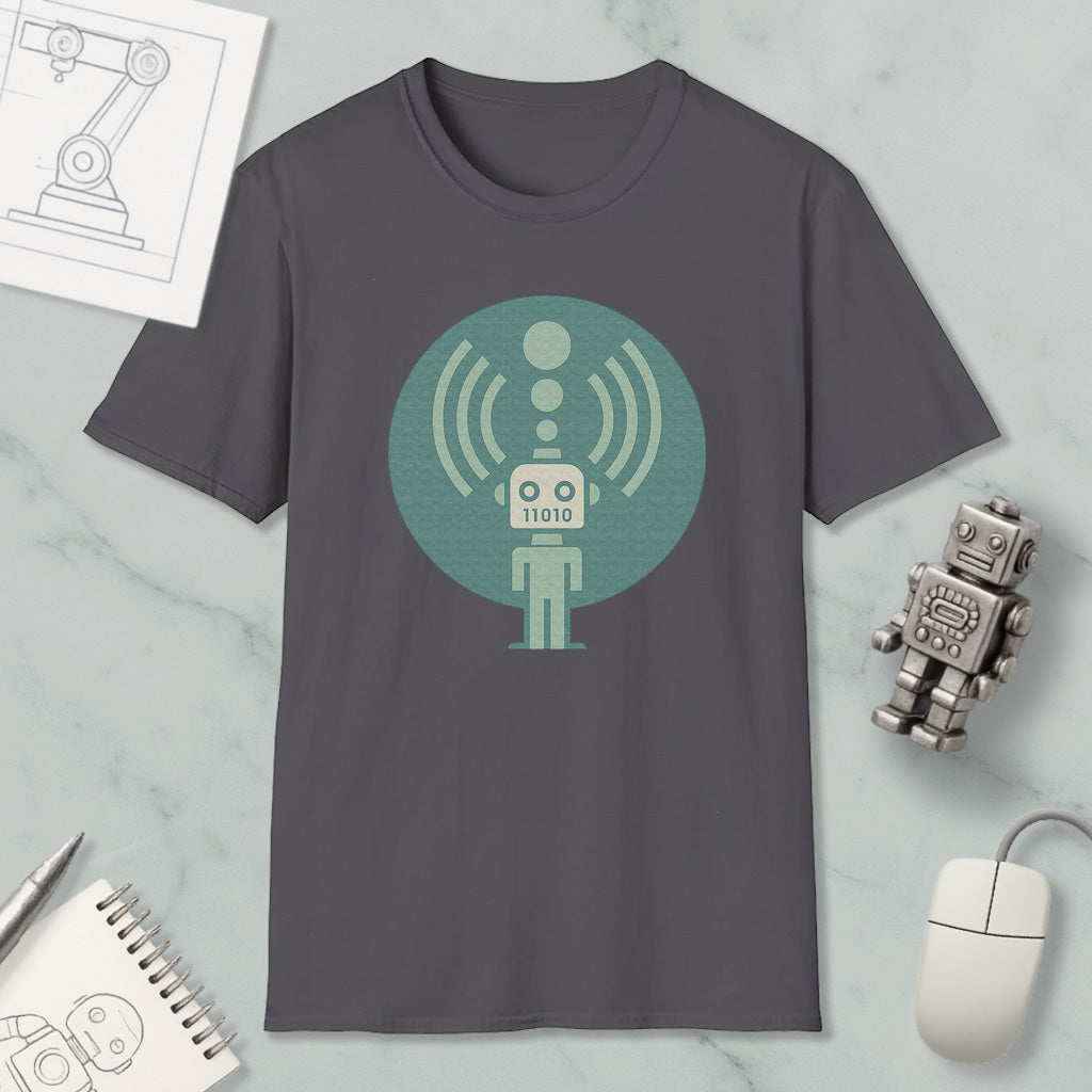 a gray t-shirt with a graphic design of a robot and a wireless signal symbol, along with a computer mouse and a notebook.