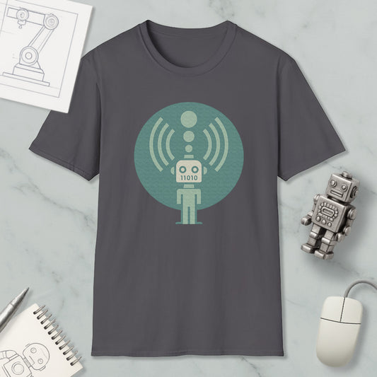 a gray t-shirt with a graphic design of a robot and a wireless signal symbol, along with a computer mouse and a notebook.