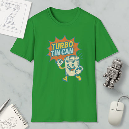 a green t-shirt with a cartoon tin can character and the text "TURBO TIN CAN" printed on it, along with a small robot figurine and a computer mouse.