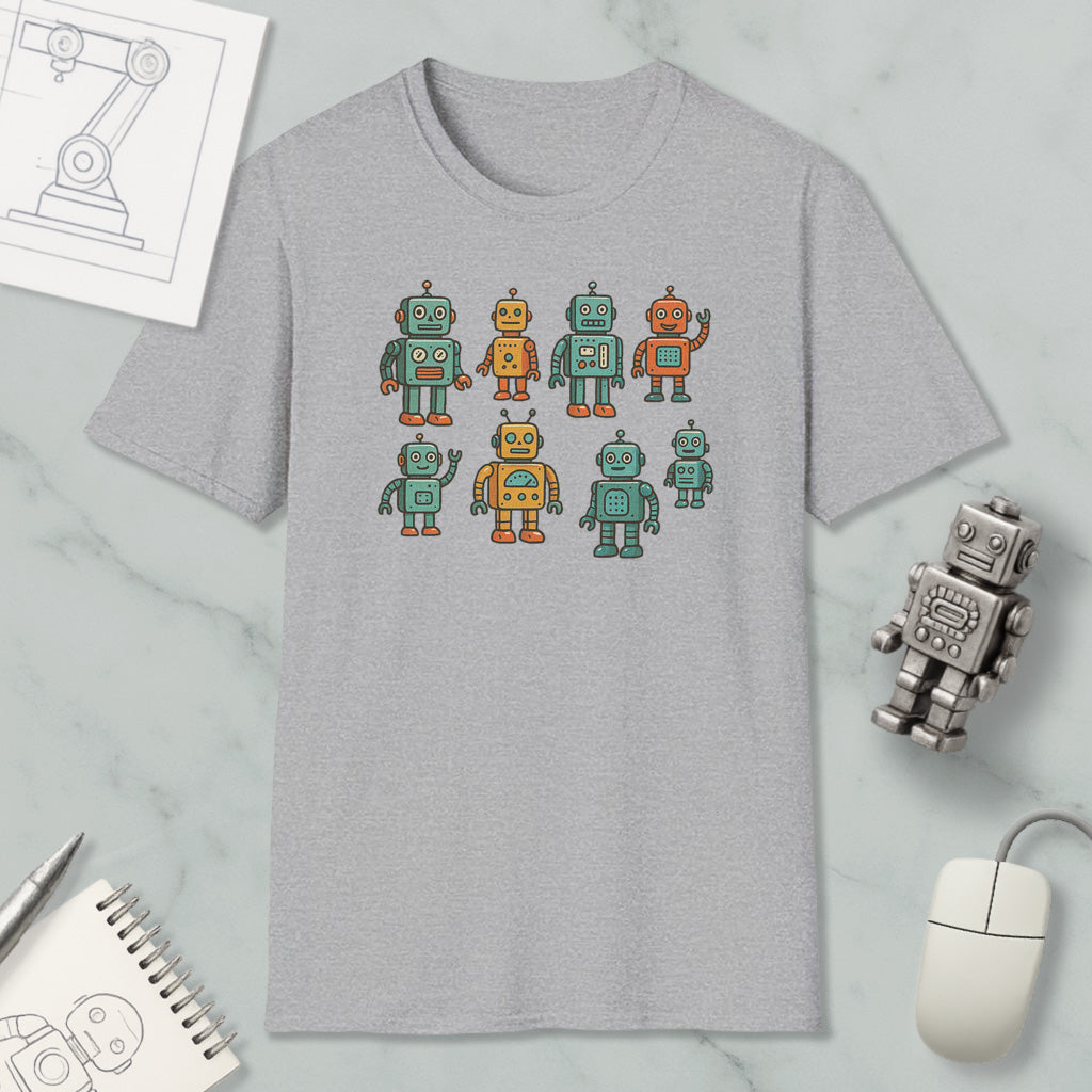 a gray t-shirt with a graphic design of eight colorful robots, including a robot with a human-like face. The t-shirt is placed on a marble surface, surrounded by various objects such as a computer mouse, a notepad, and a pen.