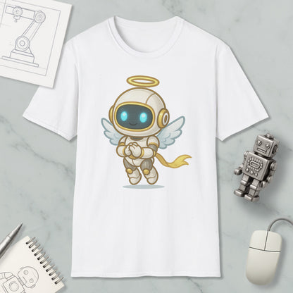 a white t-shirt with a cartoon illustration of a winged robot or mascot, along with various objects such as a computer mouse, a notebook, and a small robot figurine.
