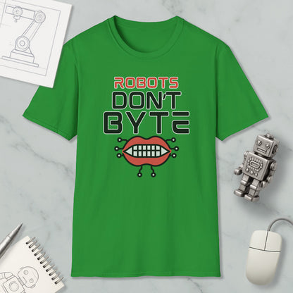 a green t-shirt with a graphic design, a computer mouse, a notebook, and a small robot figurine.