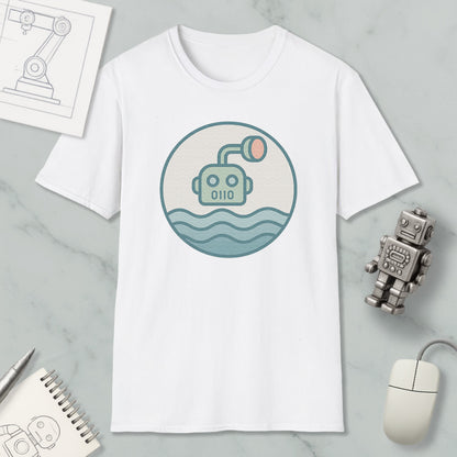 a white t-shirt with a graphic design of a robot or submarine in the water, along with a computer mouse, a notebook, and a pen on a marble surface.