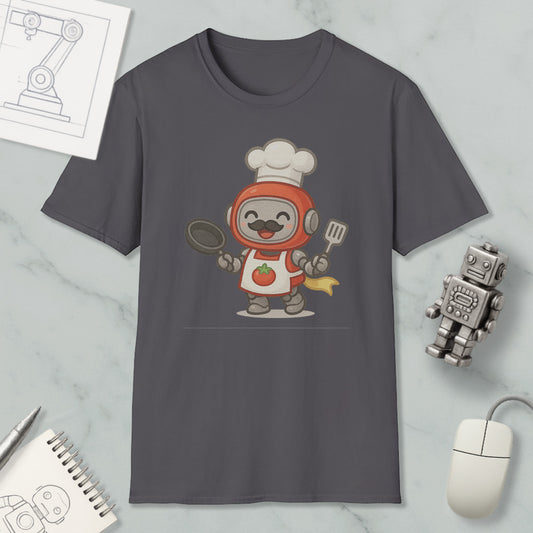 a gray t-shirt with a cartoon robot chef wearing a chef's hat and holding a frying pan and spatula. The t-shirt is displayed on a marble surface, along with a computer mouse, a notebook, and a small robot figurine.