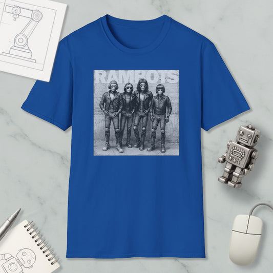 a blue t-shirt with a black and white photograph of four people, likely representing the members of a band, along with a computer mouse and other office supplies.