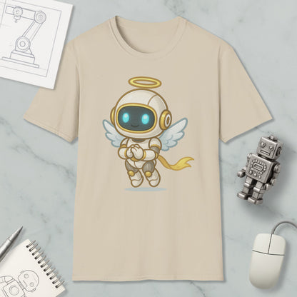 a t-shirt with a cartoon character resembling a robot or angel, along with various objects such as a mouse, a notebook, and a robot figurine.