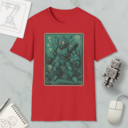 a red t-shirt with a graphic of a green armored robot or sea monster, along with a computer mouse, a notebook, and a pen on a marble surface.