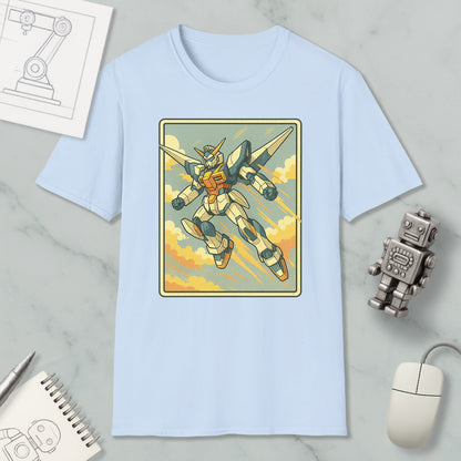a light blue t-shirt with a graphic of a robot or character, along with various objects such as a computer mouse, a notebook, and a pen.
