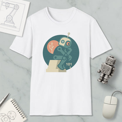 a white t-shirt with a graphic design of a robot, a computer mouse, and a notebook on a marble surface.