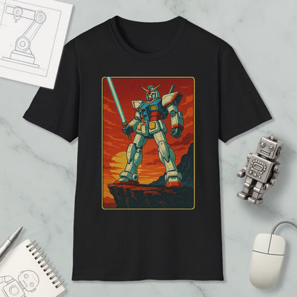 a black t-shirt with a graphic design depicting a robot or mechanical figure, standing on a cliff or rocky outcropping against a sunset or sunset-like background.