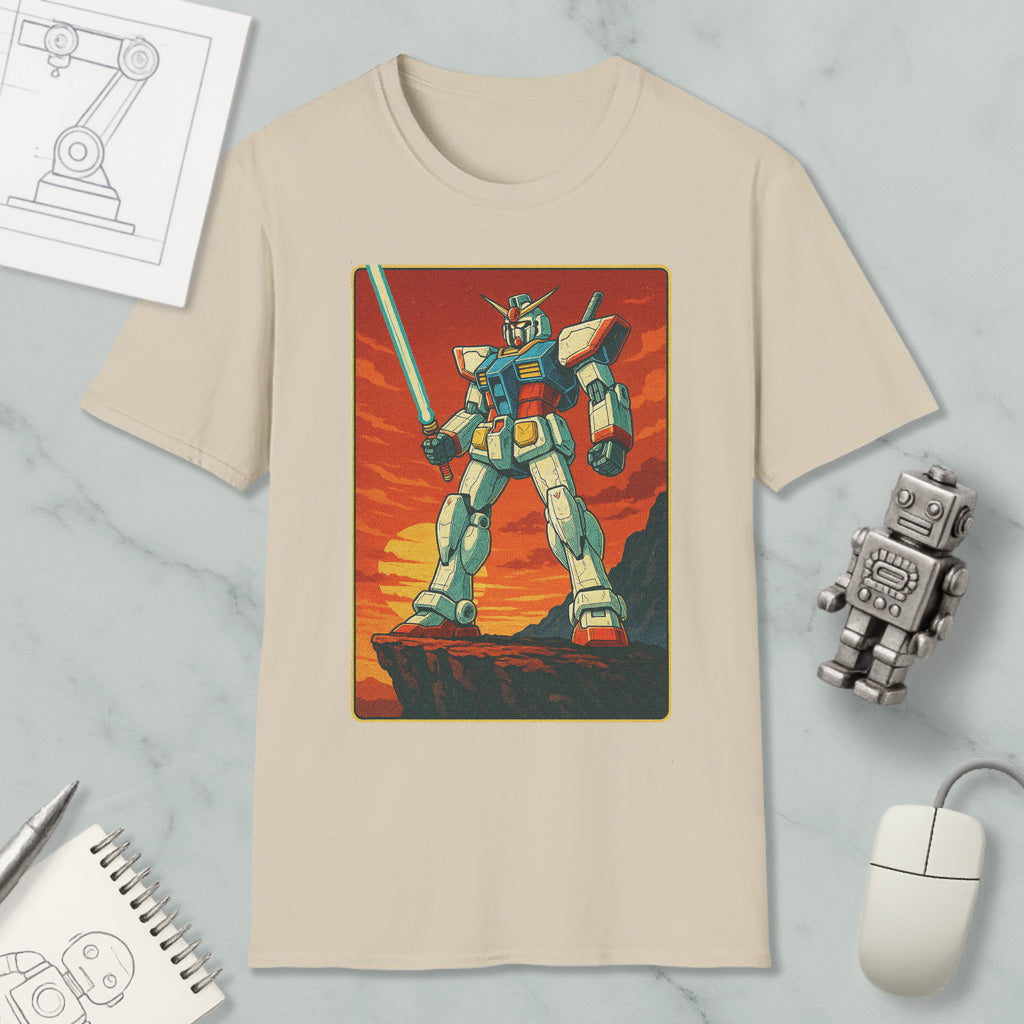 a t-shirt with a graphic of a robot or mechanical figure, along with various objects such as a computer mouse, a notebook, and a pen.
