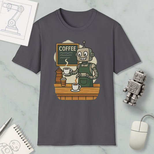 a gray t-shirt with a cartoon illustration of a robot serving coffee at a coffee shop. The robot is holding a cup of coffee and standing behind a counter. There are also some other items in the image, such as a computer mouse, a notebook, and a robot figurine.
