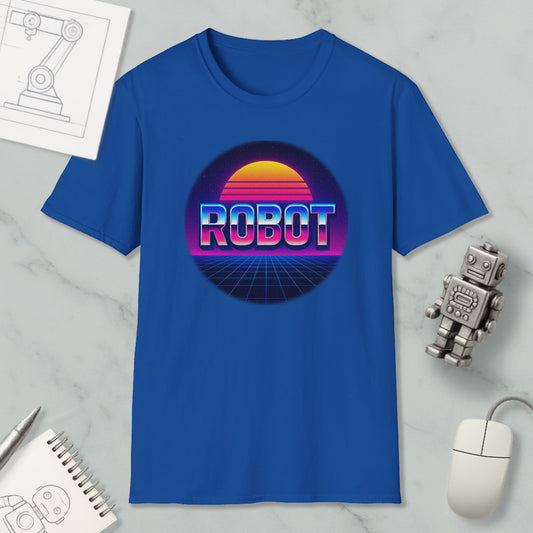 a blue t-shirt with a graphic design of a robot and a sunset, along with a computer mouse and a notebook.