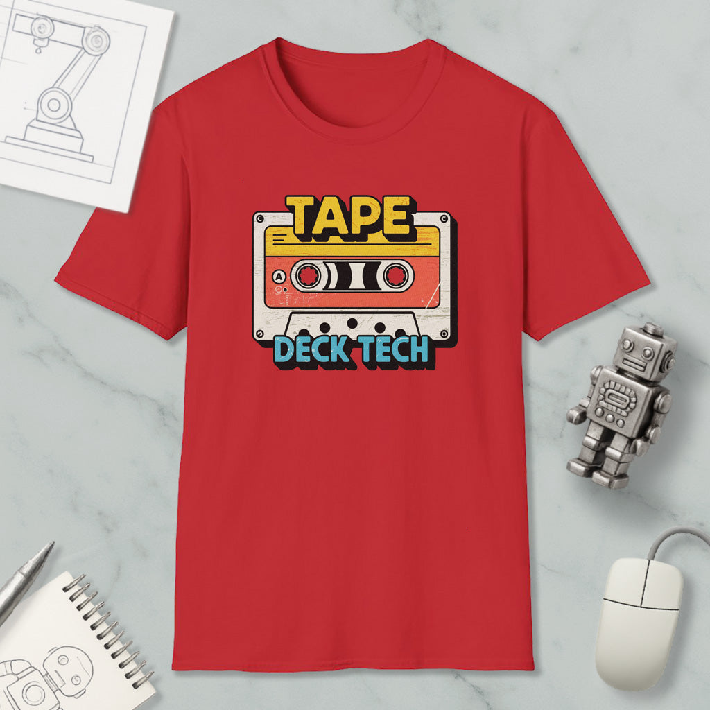 a red t-shirt with a graphic design of a cassette tape and the text "TAPE Deck Tech" printed on it, along with a computer mouse and a robot figurine.