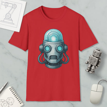 a red t-shirt with a graphic of a robot head, along with various objects such as a computer mouse, a notebook, and a pen.
