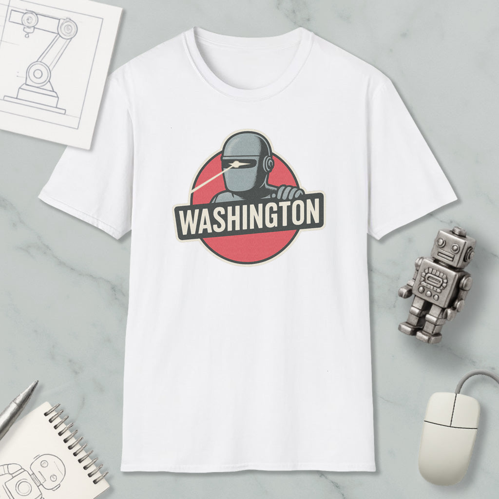 a white t-shirt with a graphic design of a robot and the word "WASHINGTON" printed on it, along with a computer mouse and a notebook.