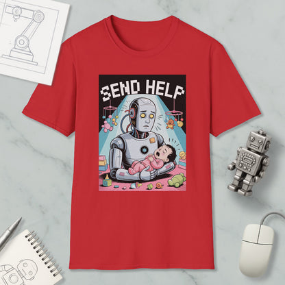 a red t-shirt with a cartoon illustration of a robot holding a baby, surrounded by various objects such as a computer mouse, a notebook, and a toy robot.