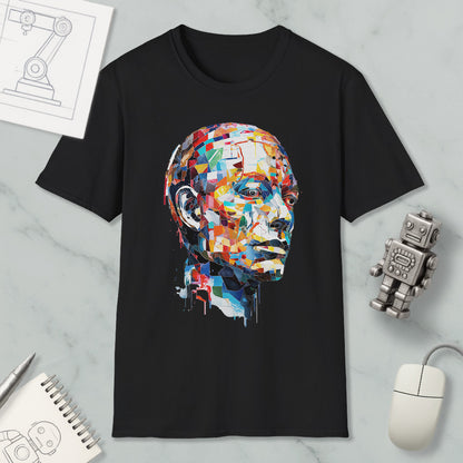 a black t-shirt with a colorful, abstract portrait of a man's face printed on it, along with various objects such as a computer mouse, a robot, and a notebook.