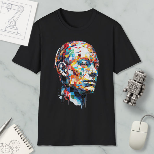 a black t-shirt with a colorful, abstract portrait of a man's face printed on it, along with various objects such as a computer mouse, a robot, and a notebook.