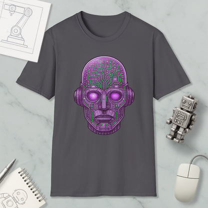 a gray t-shirt with a purple robot or cyborg head design, along with various objects such as a computer mouse, a notebook, and a pen.