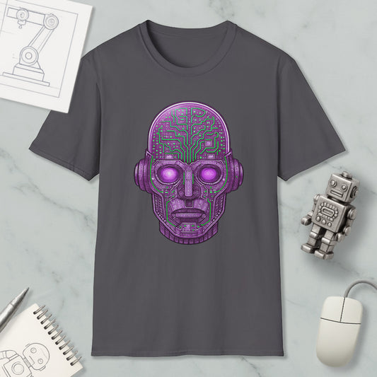 a gray t-shirt with a purple robot or cyborg head design, along with various objects such as a computer mouse, a notebook, and a pen.