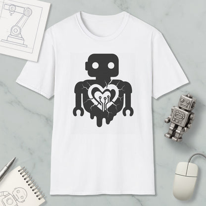 a white t-shirt with a black graphic design depicting a robot with a heart symbol, surrounded by various objects such as a computer mouse, a notebook, and a pen.