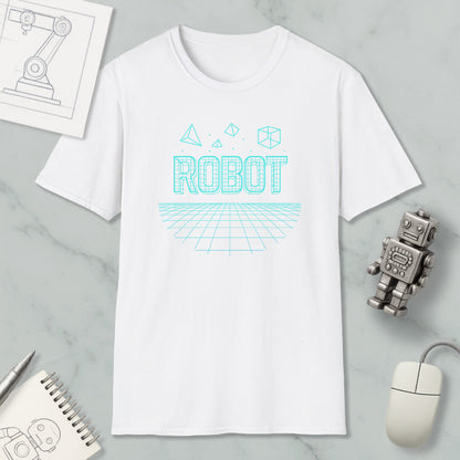 a white t-shirt with a graphic design, a computer mouse, a notebook, and a small robot figurine on a marble surface.