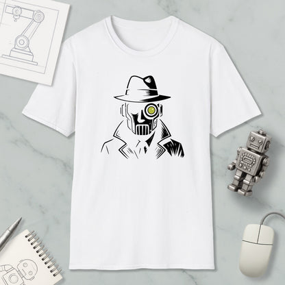 a white t-shirt with a graphic design of a man wearing a hat and a mask, along with a computer mouse and a notebook.