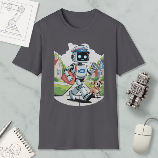 A gray t-shirt with a cartoon image of a robot mailman walking a dog on a sidewalk, surrounded by various objects such as a computer mouse, a notebook, and a robot toy.