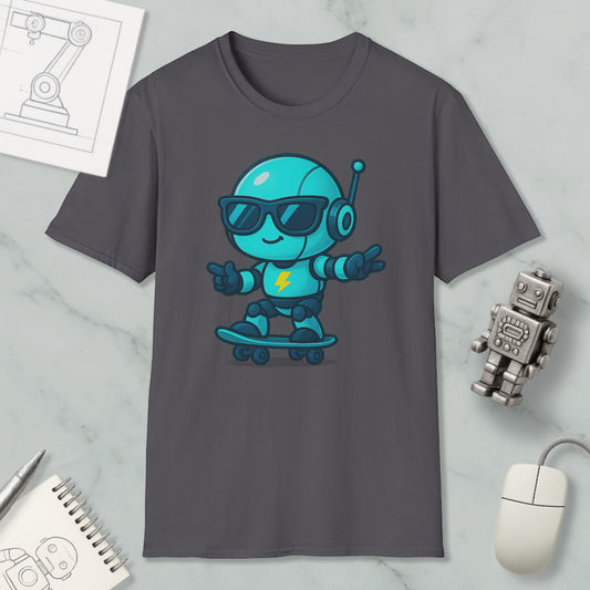 a gray t-shirt with a cartoon robot riding a skateboard, accompanied by a computer mouse, a notebook, and a robot figurine.