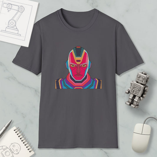 a gray t-shirt with a colorful graphic of a robot or character on it, along with various objects such as a computer mouse, a notebook, and a pen.