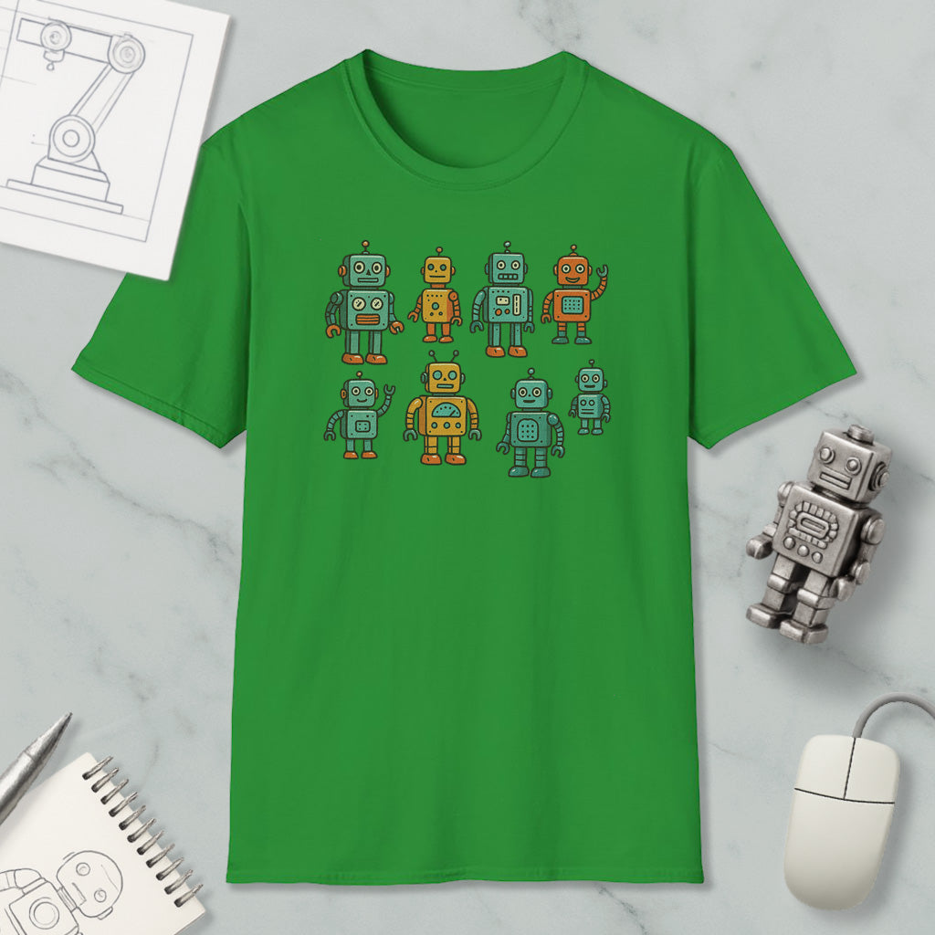 a green t-shirt with a graphic of eight colorful robots, along with a computer mouse and a notebook on a marble surface.