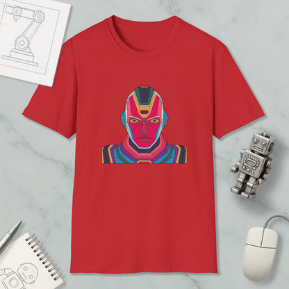 a red t-shirt with a colorful graphic of a robot or character on it, along with various objects such as a computer mouse, a notebook, and a pen.