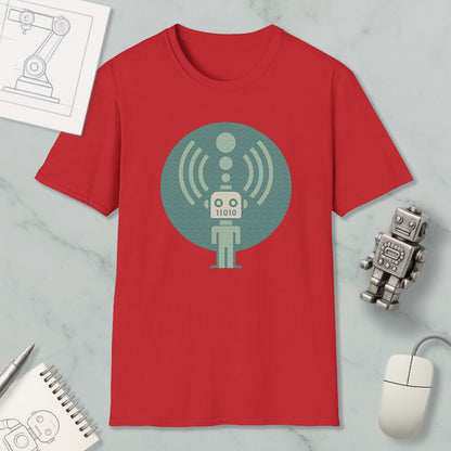a red t-shirt with a graphic design of a robot, along with various objects such as a mouse, a notebook, and a pen.
