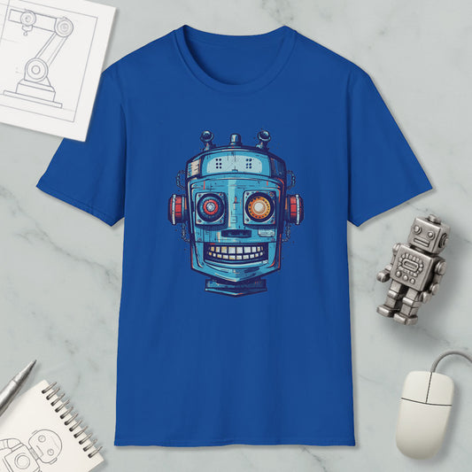 a blue t-shirt with a robot design, along with a computer mouse, a notebook, and a pen on a marble surface.
