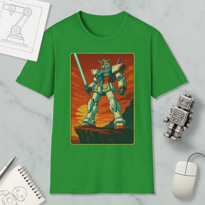 a green t-shirt with a graphic of a robot or mechanical figure, along with a computer mouse and other office supplies.