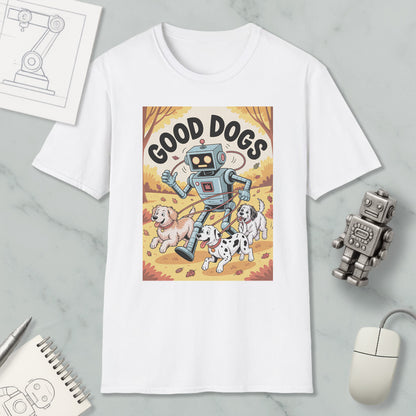 a white t-shirt with a graphic design depicting a robot walking with three dogs, accompanied by the text "GOOD DOGS".