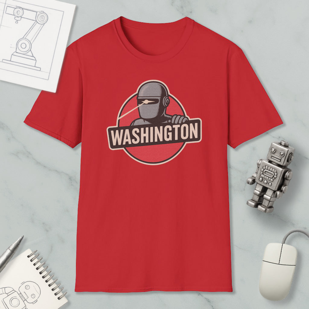a red t-shirt with a graphic design of a robot and the word "WASHINGTON" printed on it, along with a computer mouse and a notebook.