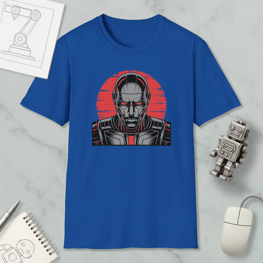 a blue t-shirt with a graphic design depicting a robot or cyborg-like figure, along with a computer mouse and other office supplies.