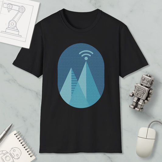 a black t-shirt with a graphic design of a mountain range, along with a small robot and a computer mouse.