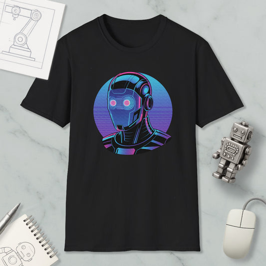 a black t-shirt with a graphic design of a robot or cyborg-like figure, surrounded by various objects such as a computer mouse, a notebook, and a pen.