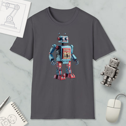 a gray t-shirt with a colorful robot design printed on it, along with a computer mouse and a notebook.